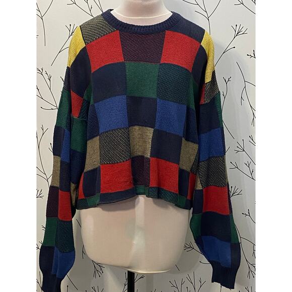 NWT URBAN RENEWAL Cropped Colorblock Sweater M/L Square Print Recycled Vintage - Picture 2 of 7